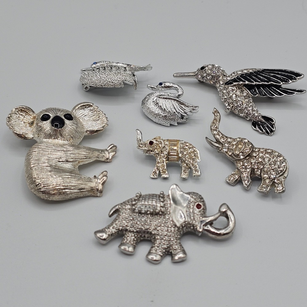 Vtg Lot Silver Tone Black Rhinestone Animal Brooch Figural Elephants Birds Koala - Picture 11 of 16